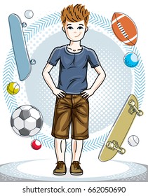 Pretty child boy standing wearing different casual clothes. Vector attractive kid illustration. Fashion and lifestyle theme cartoon.