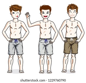 Pretty child boys standing in colorful stylish beach shorts. Vector set of beautiful kids illustrations.
