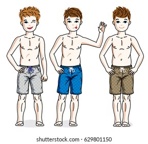 Pretty child boys standing in colorful stylish beach shorts. Vector set of beautiful kids illustrations.