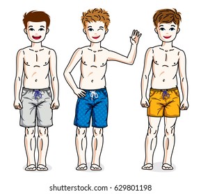Pretty child boys standing in colorful stylish beach shorts. Vector set of beautiful kids illustrations. Childhood and family lifestyle clip art.