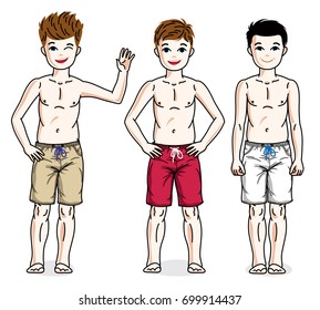 Pretty child boys standing in colorful stylish beach shorts. Vector set of beautiful kids illustrations. Childhood and family lifestyle clip art.