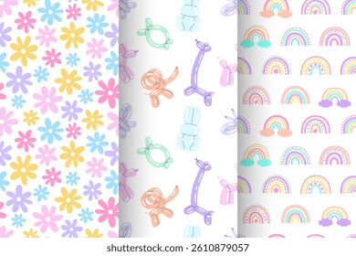 Pretty children backgrounds. Seamless patterns of flowers, animals, rainbow. Set of cute baby prints. Animals from inflatable balloons. Rainbow pattern in Scandinavian style. Good for baby shower
