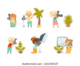 Pretty Children with Digital Camera and Soft Box Lighting Taking Photograph Vector Set