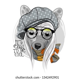 Pretty Chinese Crested  with hat, glasses and knitted scarf. Hand drawn illustration of dressed dog.  Vector illustration.