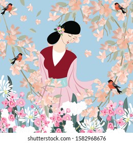 Pretty chinese woman in flower garden,illustration vector doodle comic art.