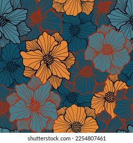 Patrón periódico bonito de crisantemo. Fondo orgánico floral. Flor de amapola con pétalos de contorno. Impresión textil. Motivo botánico de repetición rústico de flor de campo.