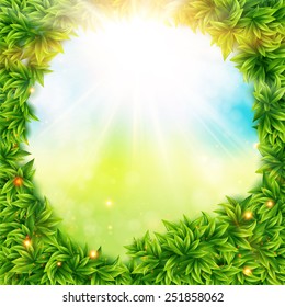Pretty circular natural frame of fresh green leaves surrounding spring sunshine over a blurred sunny meadow background with copyspace in square format, vector illustration