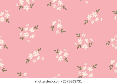 Pretty clusters of ditsy flowers and leaves painted in off white and green on pink background. Beautiful floral seamless vector pattern. Great for home decor, fabric, wallpaper, giftwrap, stationery.