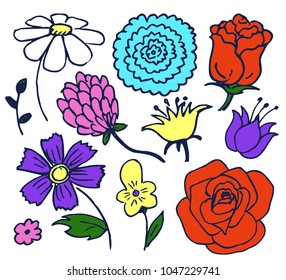 Pretty color flowers aggregate vector illustration with pink lilac light yellow red and blue buttons with lovely leaves isolated on white background