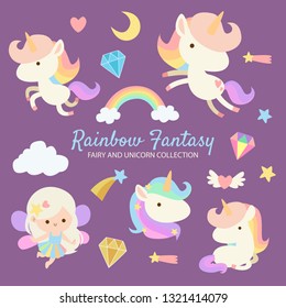 Pretty colorful fairy and unicorn collection with diamonds and rainbow
