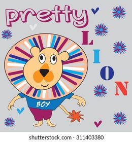 pretty colorful lion with flowers and hearts vector illustration