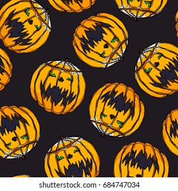 Pretty colorful seamless halloween pattern made of hand drawn jack-o-lantern pumpkins.