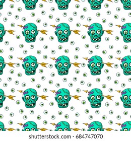 Pretty colorful seamless halloween pattern made of hand drawn zombie heads and eyeballs.