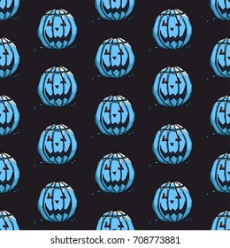 Pretty colorful seamless halloween pattern made of hand drawn blue pumpkins.