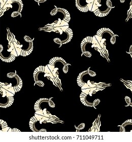 Pretty colorful seamless halloween pattern made of hand drawn sheep sculls.
