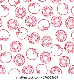 Pretty colorful seamless pattern made of hand drawn ripe tomatoes, whole and sliced.