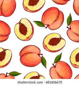 Pretty colorful seamless pattern made of hand drawn sweet peaches.