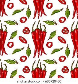 Pretty colorful seamless pattern made of hand drawn chili peppers.