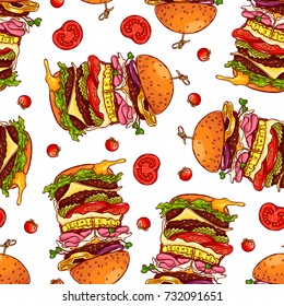 Pretty colorful seamless pattern made of hand drawn burgers.
