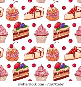 Pretty colorful seamless pattern made of hand drawn cute cakes.