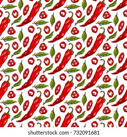 Pretty colorful seamless pattern made of hand drawn chili pepper, whole and sliced.