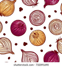 Pretty colorful seamless pattern made of hand drawn onion, whole and sliced.