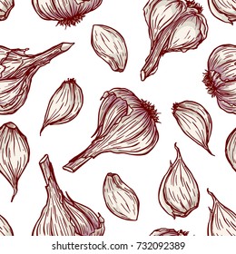 Pretty colorful seamless pattern made of hand drawn garlic, whole and separated cloves.