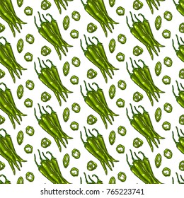 Pretty colorful seamless pattern made of hand drawn green chili pepper, whole and sliced.