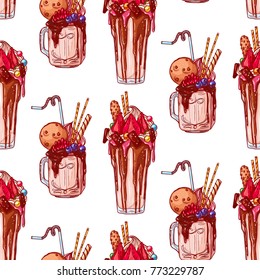 Pretty colorful seamless pattern made of hand drawn monster milkshakes.