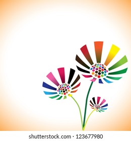 Pretty colorful spring flower bunch with copy space for text. The petals of the blossoms are made of rainbow colors with colors like red, orange, yellow, blue, etc