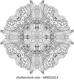 Pretty colorless circular design with vines  floral patterns and other geometric elements on white background