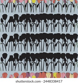 Pretty, colourful, black outline, tulips standing in a row on a blue background