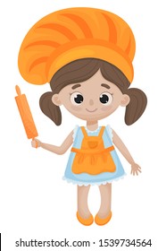 Pretty cooking small girl in apron with rolling pin vector illustration on white background