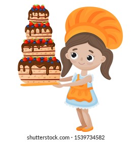 Pretty cooking small girl in apron with big tasty cake vector illustration on white background