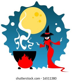 Pretty with cooks a potion on a moon background. Halloween illustration.