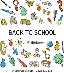 Pretty and cool hand-drawn back-to-school colored icons and doodles	
