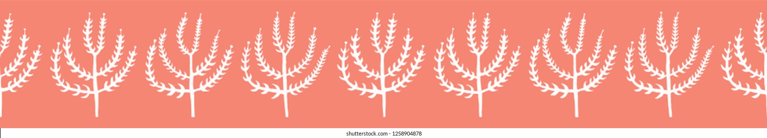 Pretty Coral Folk Art Tree Branches Seamless Vector Border. Hand Drawn Paper Cut Leaves. Boho Scandi Style Illustration for Trendy Textile Fashion Prints, Elegant Nature Packaging. Pastel Banner