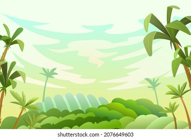 Pretty Countryside In The Tropics. Vegetable Garden Hills And Meadows. Soft Evening Sky. Palm Trees And Nice Summer Weather. Funny Cartoon Style. Green Countryside Landscape. Vector