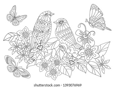 pretty couple of birds in blossom garden for your coloring book
