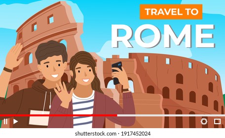 Pretty couple on the background of coliseum. Young people travel Italy, visit architectural monument in Rome. Happy tourists shoot video on phone stand near historical landmark of italy amphitheater