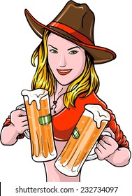 Pretty cowgirl with beer mugs, label isolated on white