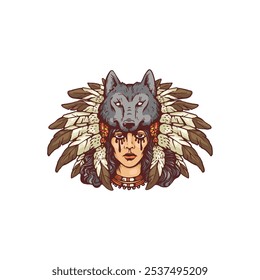 Pretty cowgirl in headdress decorated wolf head and feathers, black tears and ethnic decorations. American gothic design. Wild west style. Vintage Western grunge vector flat illustration isolated