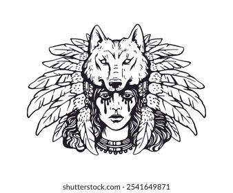 Pretty cowgirl in headdress decorated wolf head and feathers, black tears and ethnic decorations. American gothic engraved design. Wild west style. Vintage Western grunge vector illustration ink style