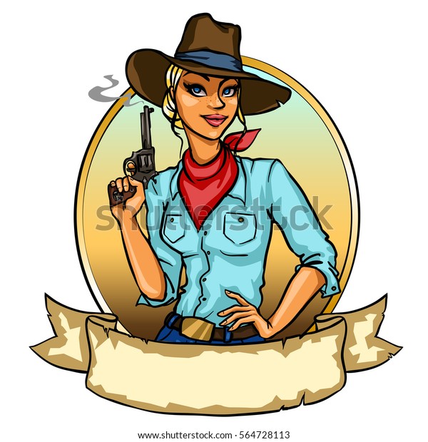 Pretty Cowgirl Holding Smoking Gun Isolated เวกเตอร์สต็อก ปลอดค่า