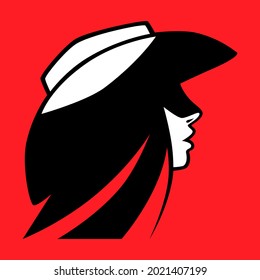 Pretty cowgirl side view portrait symbol on red backdrop. Design element