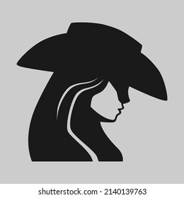 Pretty cowgirl side view portrait symbol on gray backdrop. Design element