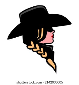 Pretty cowgirl side view portrait symbol on white backdrop. Design element