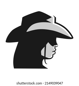 Pretty cowgirl side view portrait symbol on white backdrop. Design element