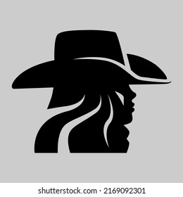 Pretty cowgirl side view portrait symbol on gray backdrop. Design element