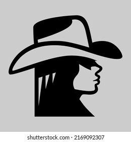 Pretty cowgirl side view portrait symbol on gray backdrop. Design element